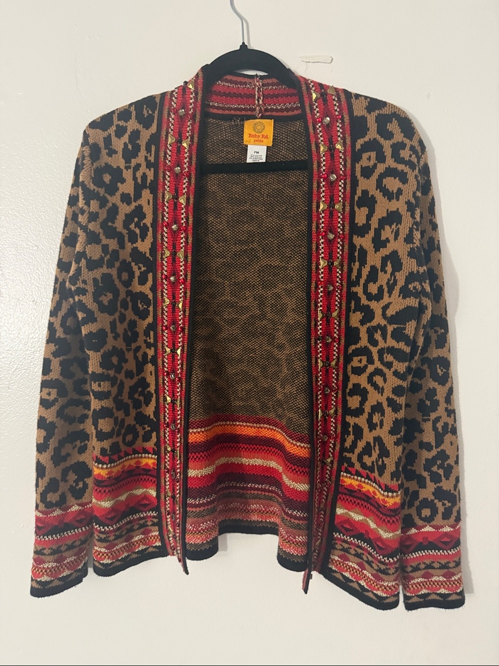 Ruby RD. Leopard Print Open Front Blinged Out Electric Grandma Cardigan SZ PM
